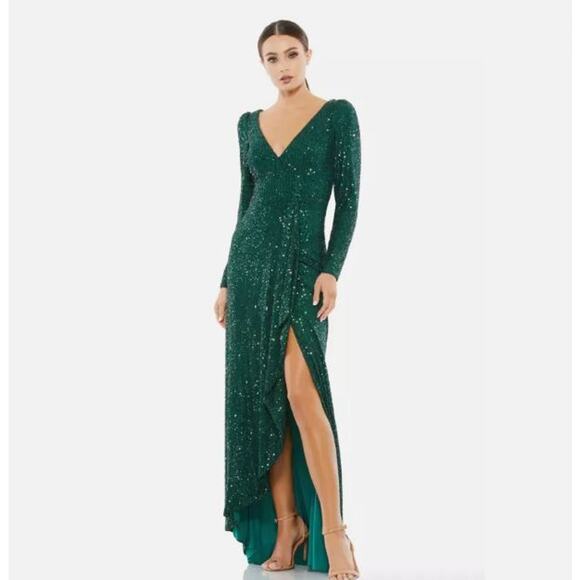 Mac Duggal 26395 Sequin Wrap Evening Gown in Emerald Green Size 6 - Picture 1 of 11